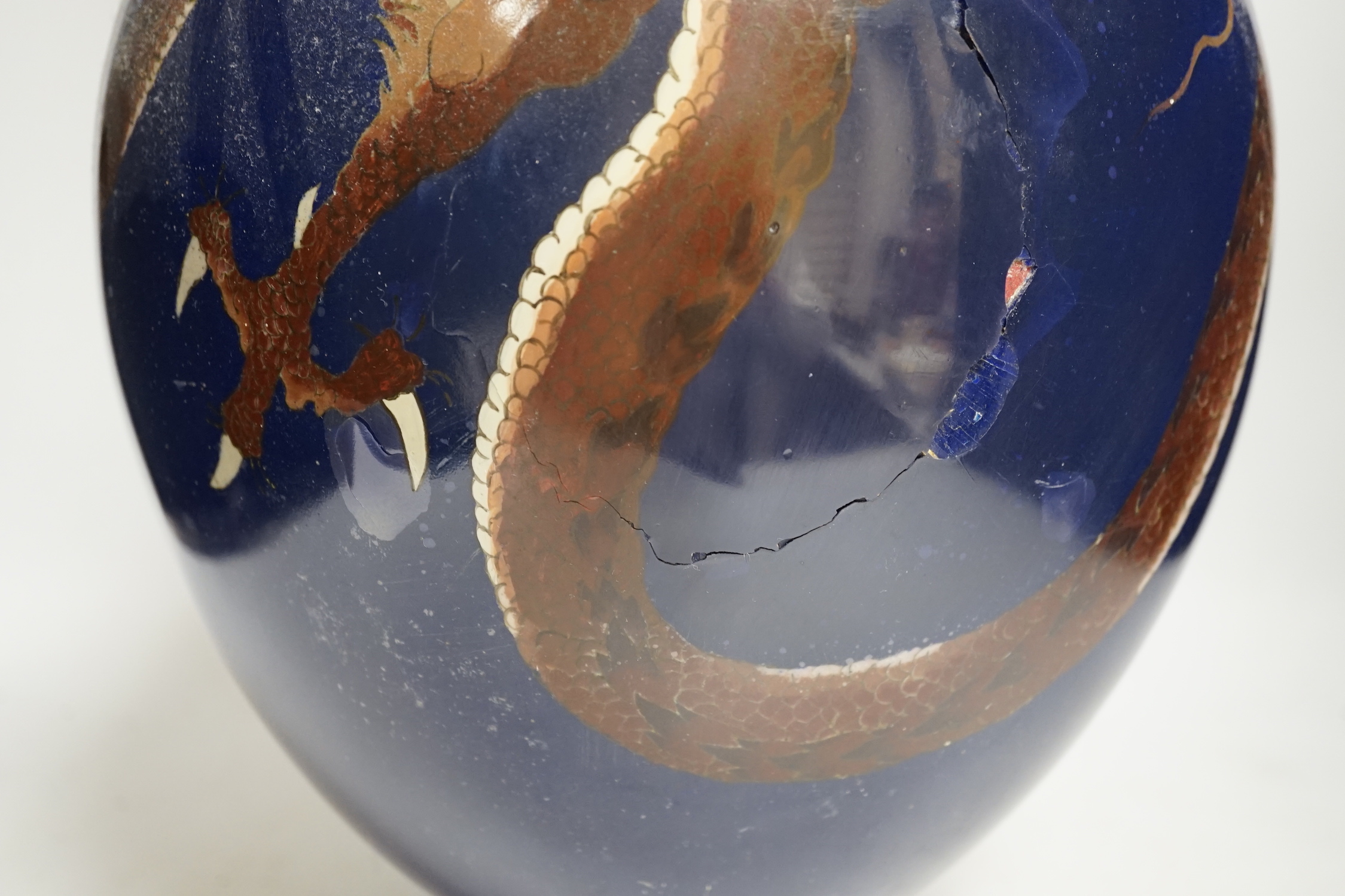 A large Japanese cloisonne enamel 'dragon' bottle vase, 59cm (restored)